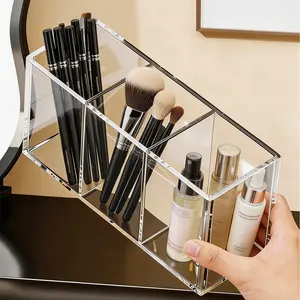 Acrylic Transparent Three-Compartment Makeup Brush Holder, Pen Tray, Jewelry Organizer, 3 Slots, Desk Accessory for Office and Vanity, Cosmetic Organizer