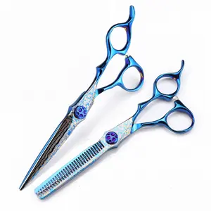 1PC Professional Blue Damascus Hair Cutting Scissors Gem Screw Haircut Thinning Barber Tools Steel Shears Hairdressing Scissors Hairdressing Scissor Hair Cutting Tool High-grade blue Pattern Cut Sharp Scissor thinning Scissor for Barber