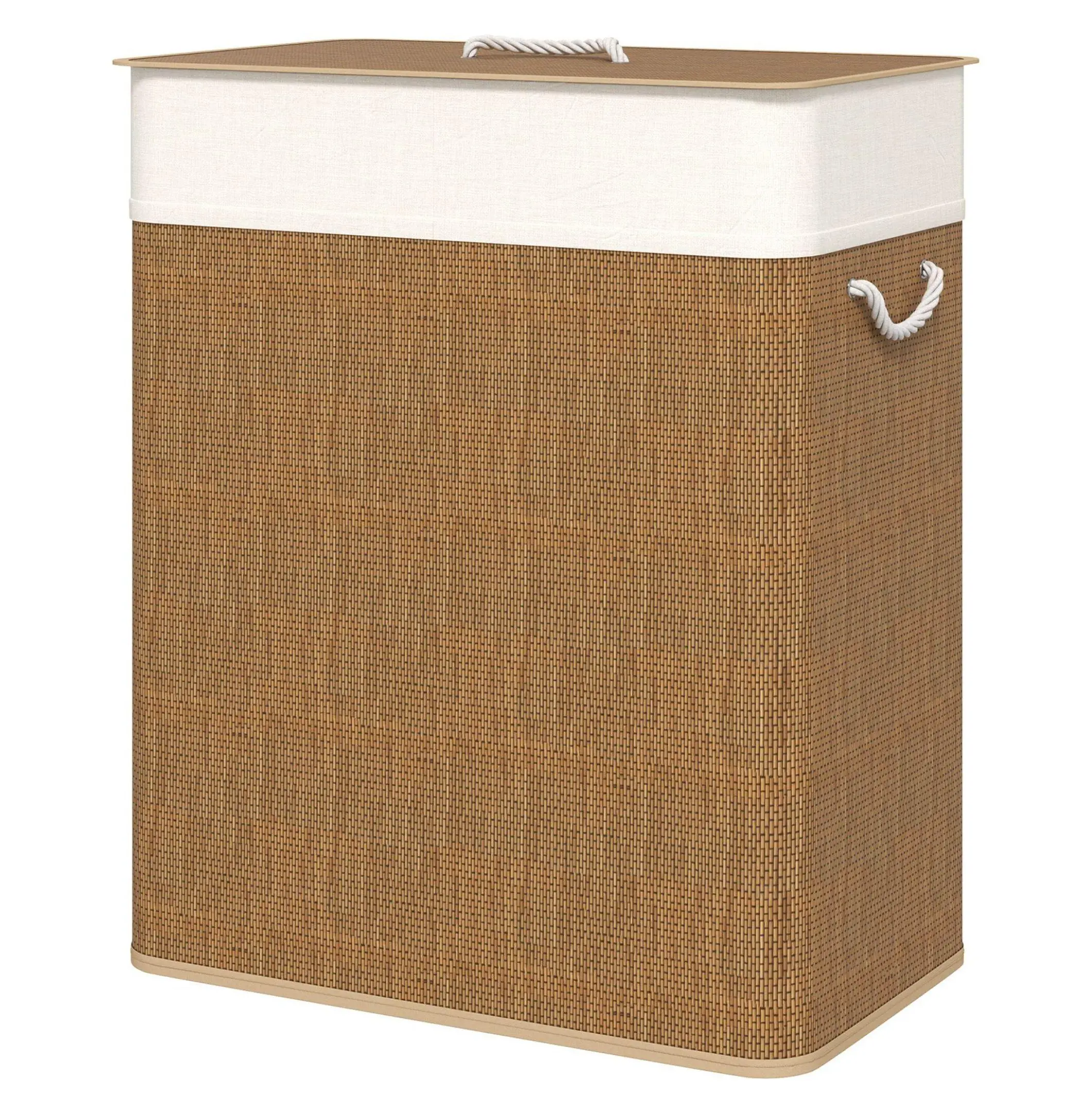 Double Laundry Basket, 26.4 Gallon Bamboo Hamper with Lid & Liner Brown