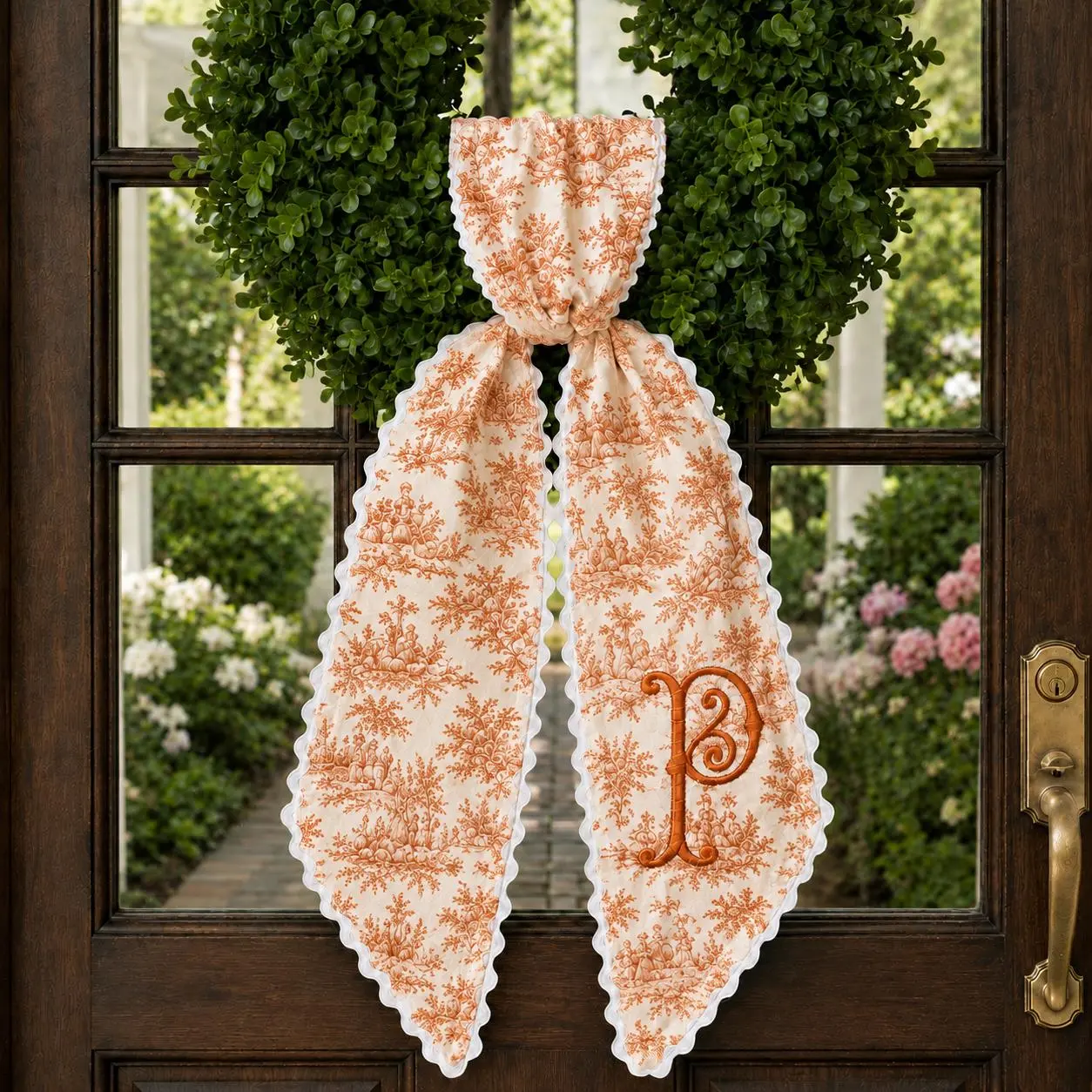 Personalized Fall Wreath Sash, Embroidered Monogram Door Bow, Orange Toile Thanksgiving Decor, Custom Autumn Housewarming Gift