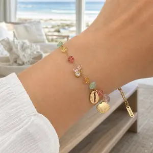Women's Boho Gold-Tone Crystal Seashell Bracelet - Natural Stone & Shell Charms, Stainless Steel Adjustable Chain, Trendy Summer Beach Costume Jewelry, Colorful Ocean Themed Accessory, Viral TikTok Fashion