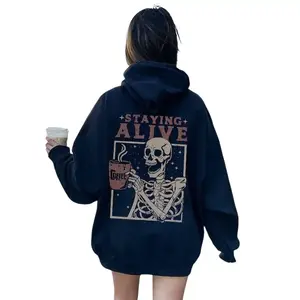 Staying Alive Coffee Skeleton Hoodie, Funny Skeleton Sweatshirt, Halloween Vintage Sweater for Women, Oversized Unisex Hoodie Cotton Fabric coffee sweatshirt