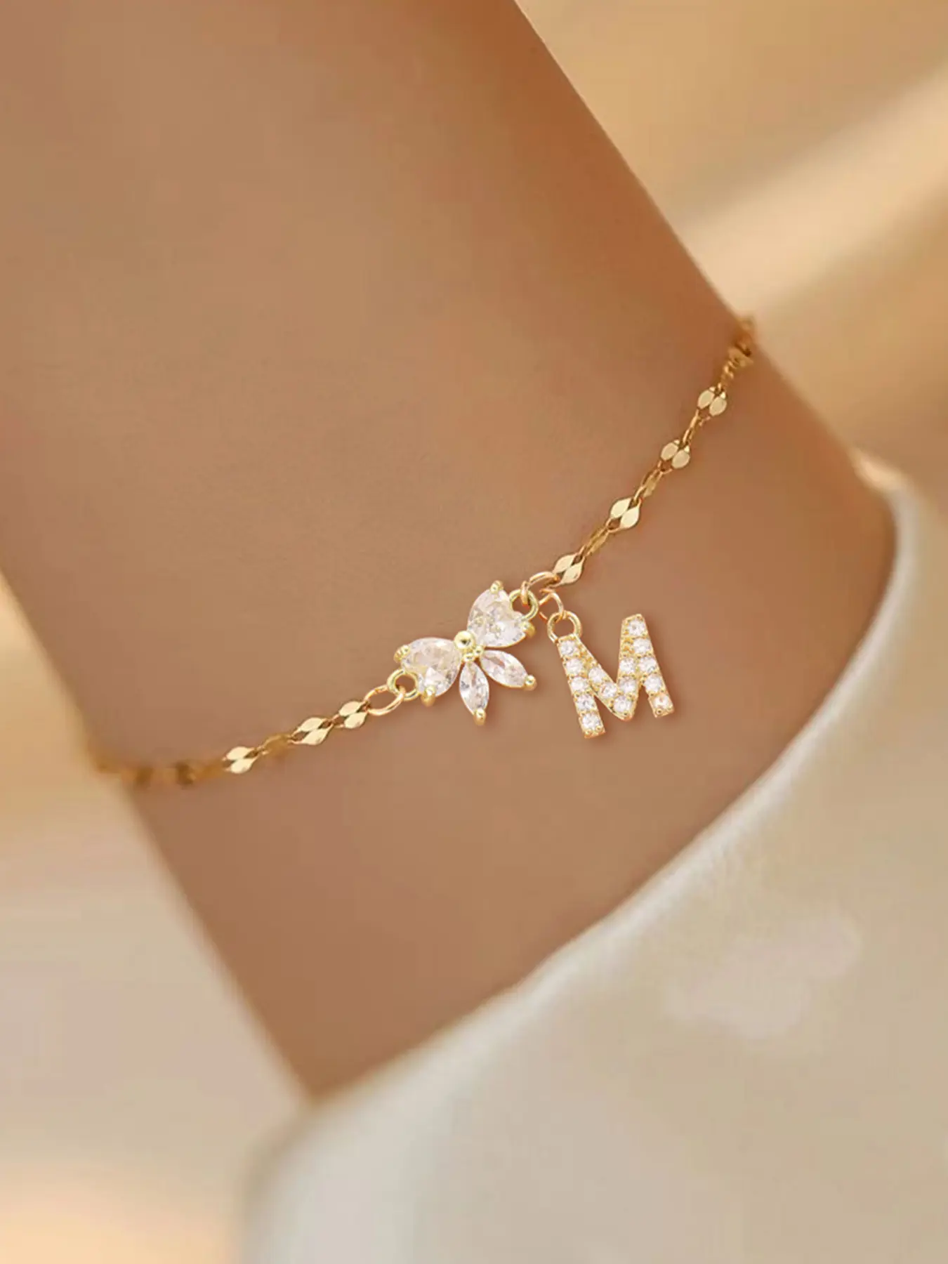 Mother's Day Gift Women's Stainless Steel Beaded Chain Bracelet with Charms, Zirconia Bowknot Letter Pendant Design, Casual All-Season Jewelry Accessory, Cubic Zirconia Bracelet, Beaded Bracelets, Letter Link Bracelet