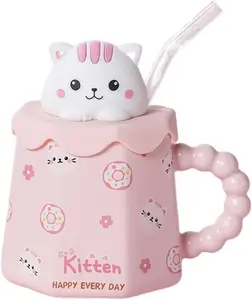 Mark Cup with a Straw  Print Stuff Gifts 14oz Ceramic  Coffee Cup Kawaii Mugs Funny  Mug Cat Mug Birthday Gifts for Women Girls  Lovers (Pink-Cat)