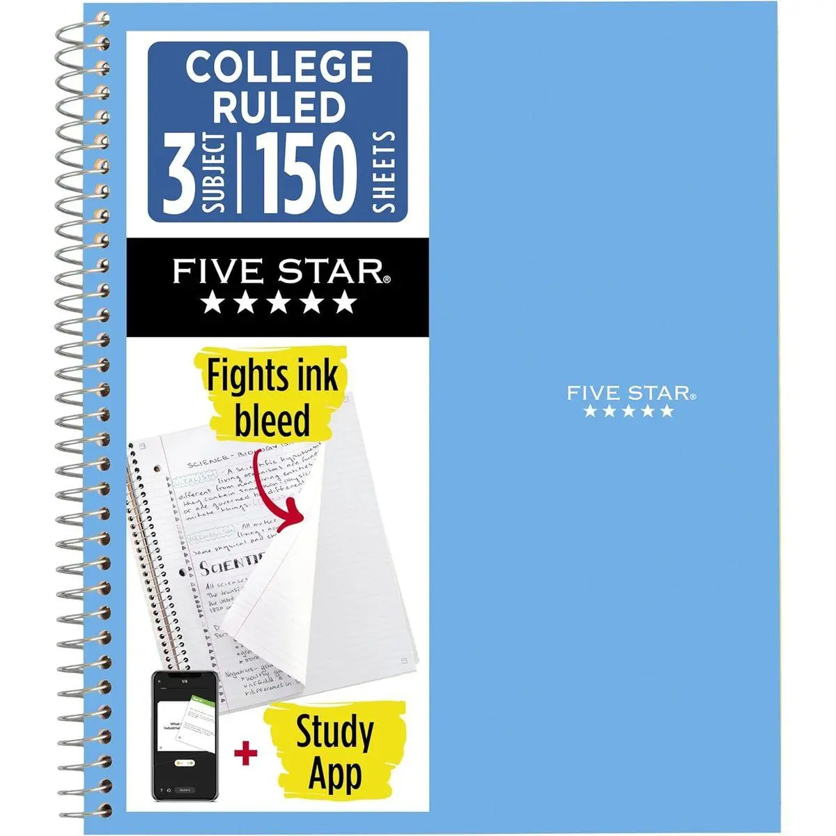 Spiral Notebook + Study App, 3 Subject, College Ruled Paper, 8.5" x 11", 150 Sheets, Blue (Color May Vary) (820003NH0)