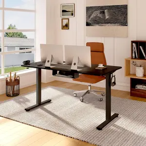 Whole-Piece Standing Desk with Clamp Power Strip, 55 x 28" Electric Stand Up Height Adjustable Desk with Cable Management (Black Frame + 55" Black Top, 2 Packages)