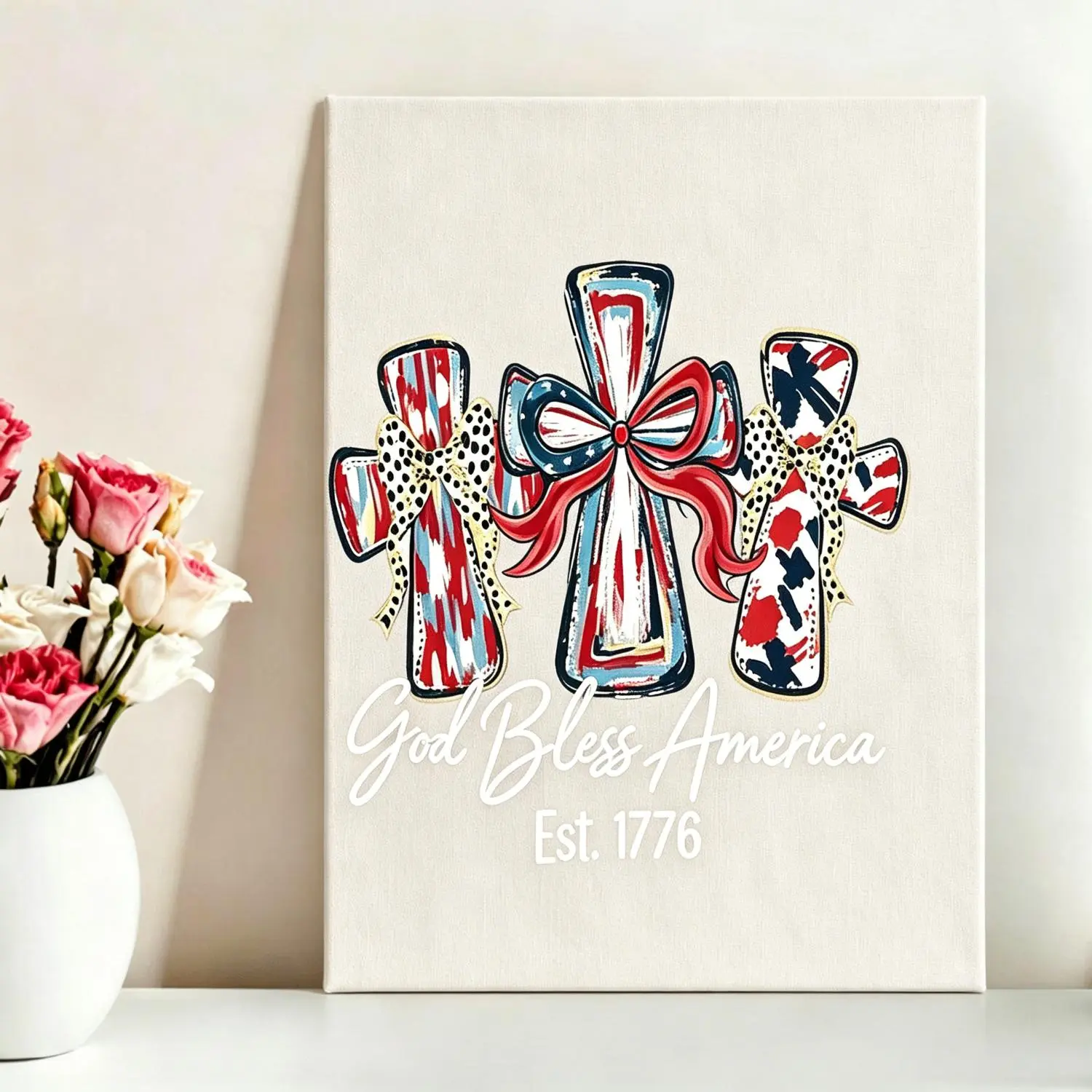 Cross Motif Printed Wall Art - 1776 Fourth of July USA Vibes God Bless America Canvas, Industrial Lightweight Easy-Install Home Decor for Room