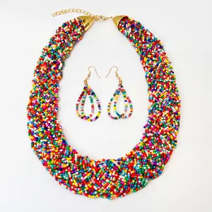 Bohemian Colorful Beaded Necklace & Earring Set Handmade Glass Beads .