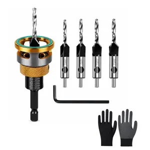 Countersink Drill Bit Set with Depth Stop 4PCS, HCS Four Blades Wood Countersink Bits with Adjustable Depth Stop, L Shape Wrench for Wood, Plastic, Woodworking