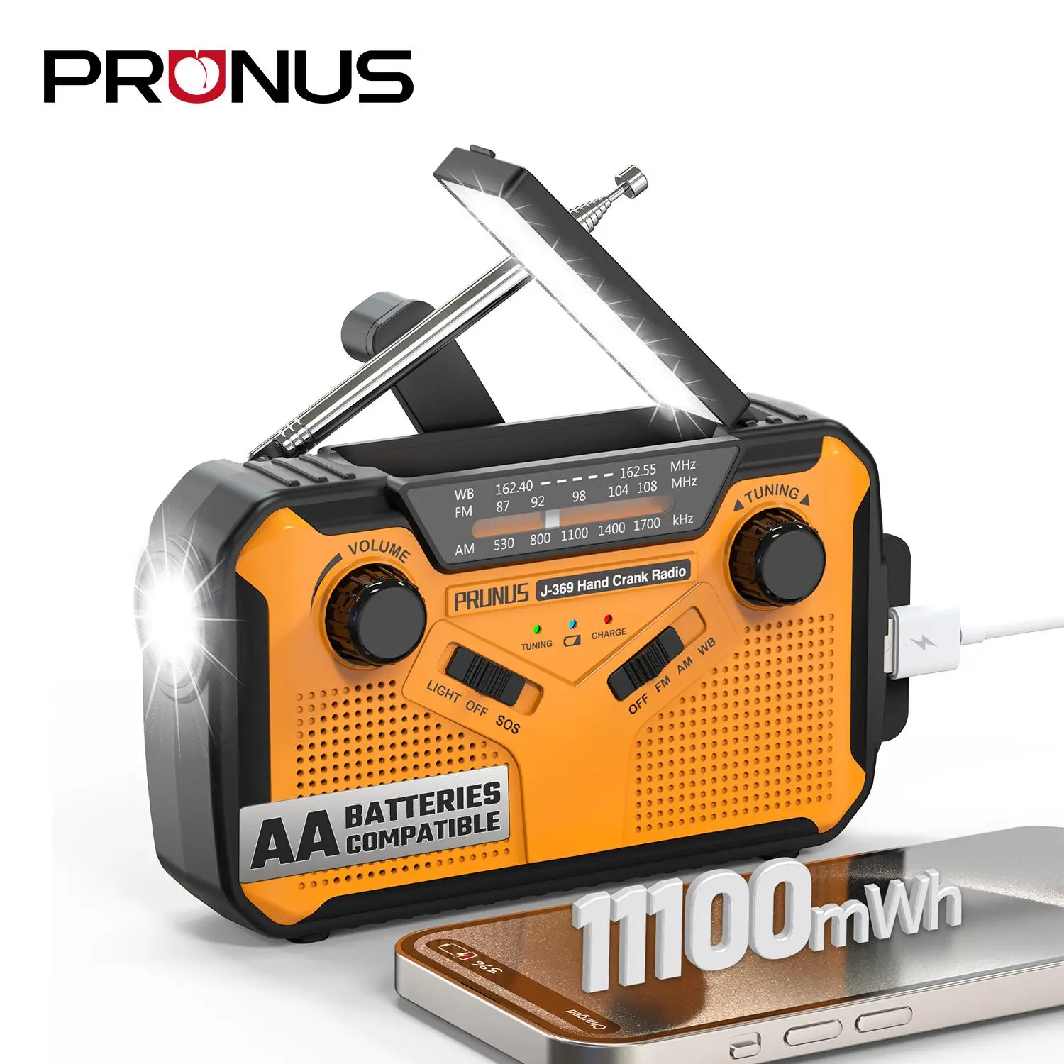 PRUNUS J-369 11100mWh Emergency Weather Radio, AA Batteries/Hand Crank/Solar/USB Charging, NOAA/AM/FM, LED Flashlight and Reading Lamp,SOS Alarm & Flashlight Portable