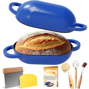 Enameled Cast Iron Oval Bread Oven with Non-Stick  Liner, 2QT, Blue, Mini Oval Homemade Sourdough Dutch Oven with Lid, Artisan Bread Loaf Pan for Homemade Bread Five- Free Replacement