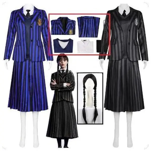 Classic The Addams Family Wednesday Cosplay Costume Set - Girl's Black School Uniform Dress, Woman's Halloween Party Clothes, Matching Wig
