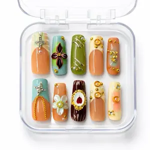 Sugarcoat Nails Luxury  Handcrafted Colorful Press-On Nails with 3D Art | Reusable & Sturdy, Glue Included - Royal Style, Tapered Square