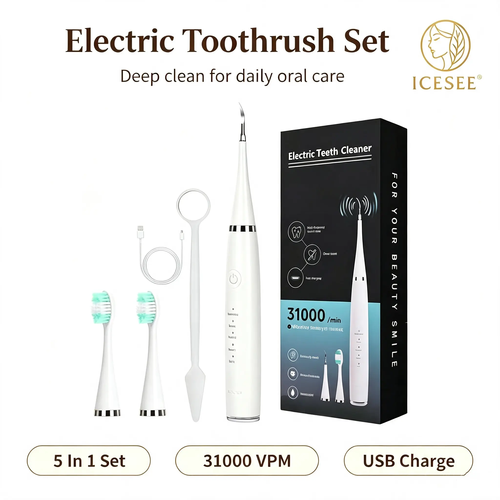 ICESEE 2-in-1 Sonic Tooth Cleaner & Toothbrush Oral Care Kit Teeth Clean with 5 Cleaning Modes, IPX7 Waterproof, Replaceable Brush Heads