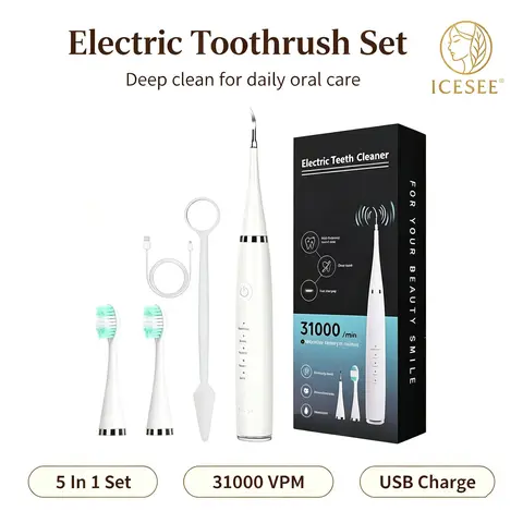 ICESEE 2-in-1 Sonic Tooth Cleaner & Toothbrush Oral Care Kit Teeth Clean with 5 Cleaning Modes, IPX7 Waterproof, Replaceable Brush Heads