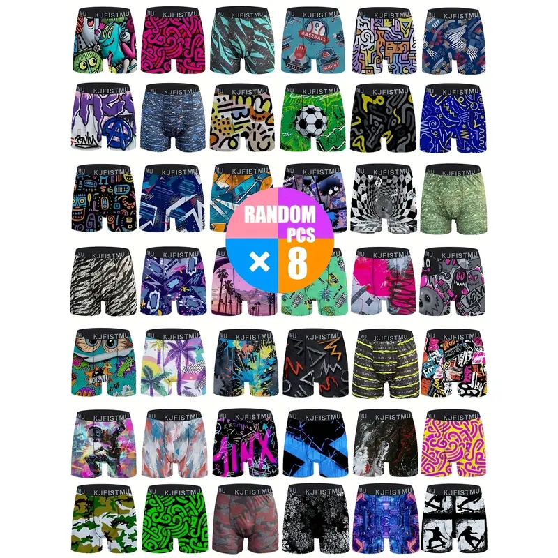 KJFISTMU Menswear Geometric Random Graffiti Printed Underwear Boxers - 8 Packs Stretch Boxer Shorts, Breathable Elastic Mesh, Lightweight Absorbent, Mixed Color Casual Sports Black Underwear
