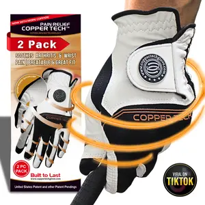 Copper Tech Men's Golf Gloves (2 Pack) - Optimal Joint Support & Comfort With Copper Compression Feature - Breathable & Tacky - Crafted With Fine AAA Leather