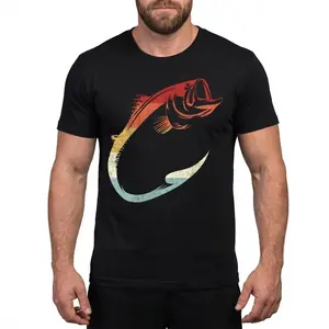 Fishing Graphic T Shirt Men Cotton Black Tee Vintage Fish Hook Design Angler Shirt Outdoor Sport Fisherman Tee Retro Gradient Print Casual Streetwear Trendy TikTok Viral Top Comfortable Unisex Gift for Fishing Lovers