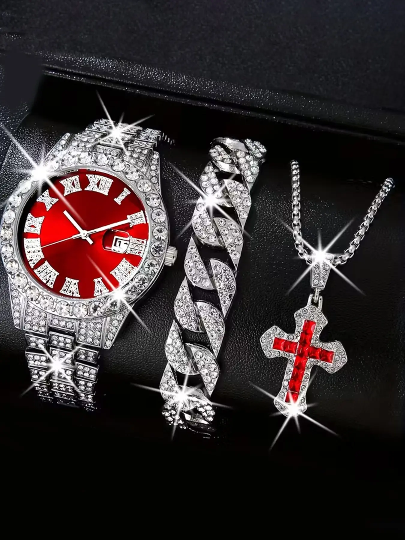 A Set of 3counts Including a Stylish And Trendy Watch with a Shiny Round Dial And a Cross Pendant Bracelet, Perfect for Parties, Daily Wear, And an Ideal Gift for Her, Fashionable Jewelry Set