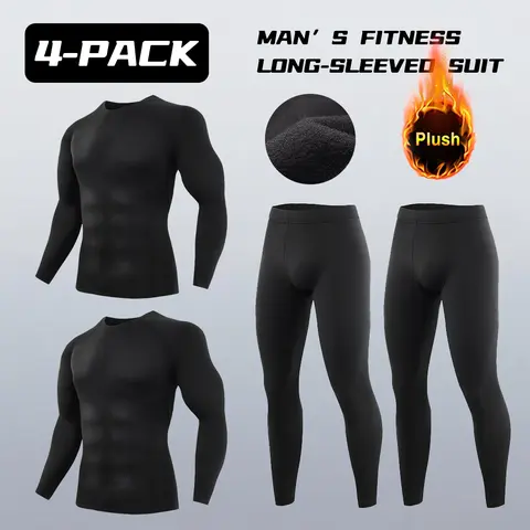 Men's 4-Pack Polyester Soft Velvet Thermal Underwear Set - Athletic Sports Clothes, Stretchy Long Sleeve Shirts & Pants, Hoodie Option for Workout, Outdoor Climbing