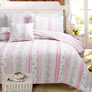 Romantic Chic Lace Ruffle Pink Real Patchwork Cotton Reversible Quilt Bedding Set