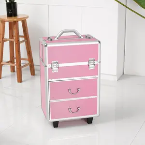 Karl Home Pink 4-Tier Cosmetic Train Case – Lockable Design + Extendable Trays