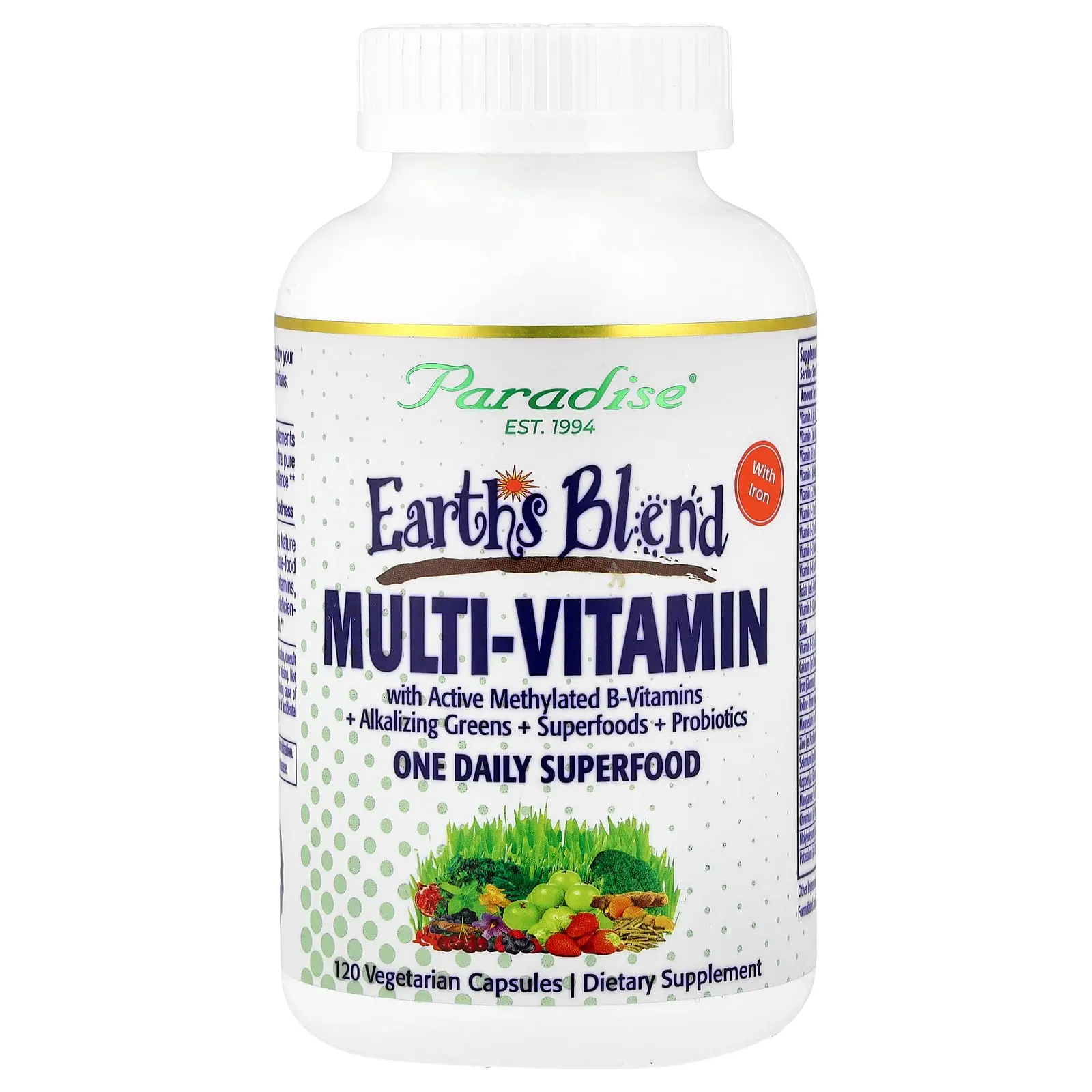 Paradise Herbs Earth's Blend, One Daily Superfood Multi-Vitamin with Iron, 120 Vegetarian Capsules