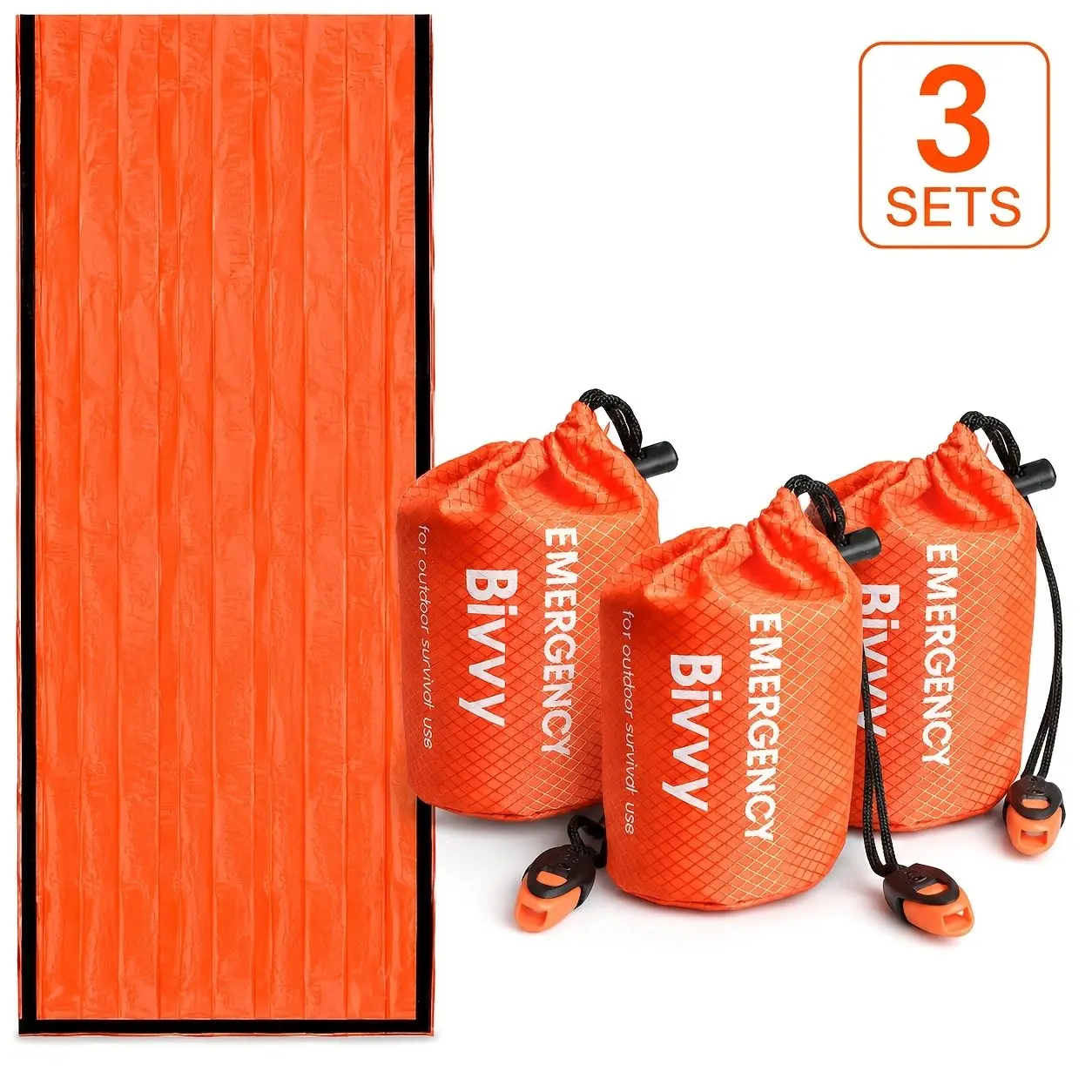 3pcs Emergency Sleeping Bag Set, 3 Orange Survival Bivy Sacks with 3 Compact Storage Pouches & 3 Built-In Whistles, Lightweight High Quality Thermal Shelter for Camping, Hiking, Car Emergency Kits & Outdoor Preparedness