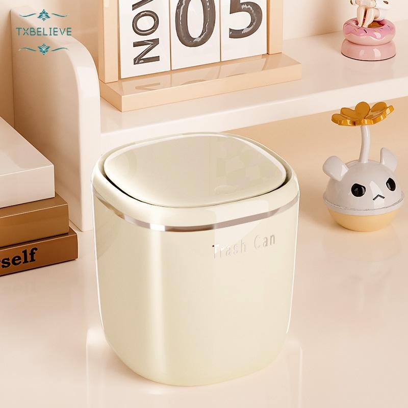 Small Cream/Black Flipping Lid Trash Can for Desk Organization in Dorm and with Space Saving