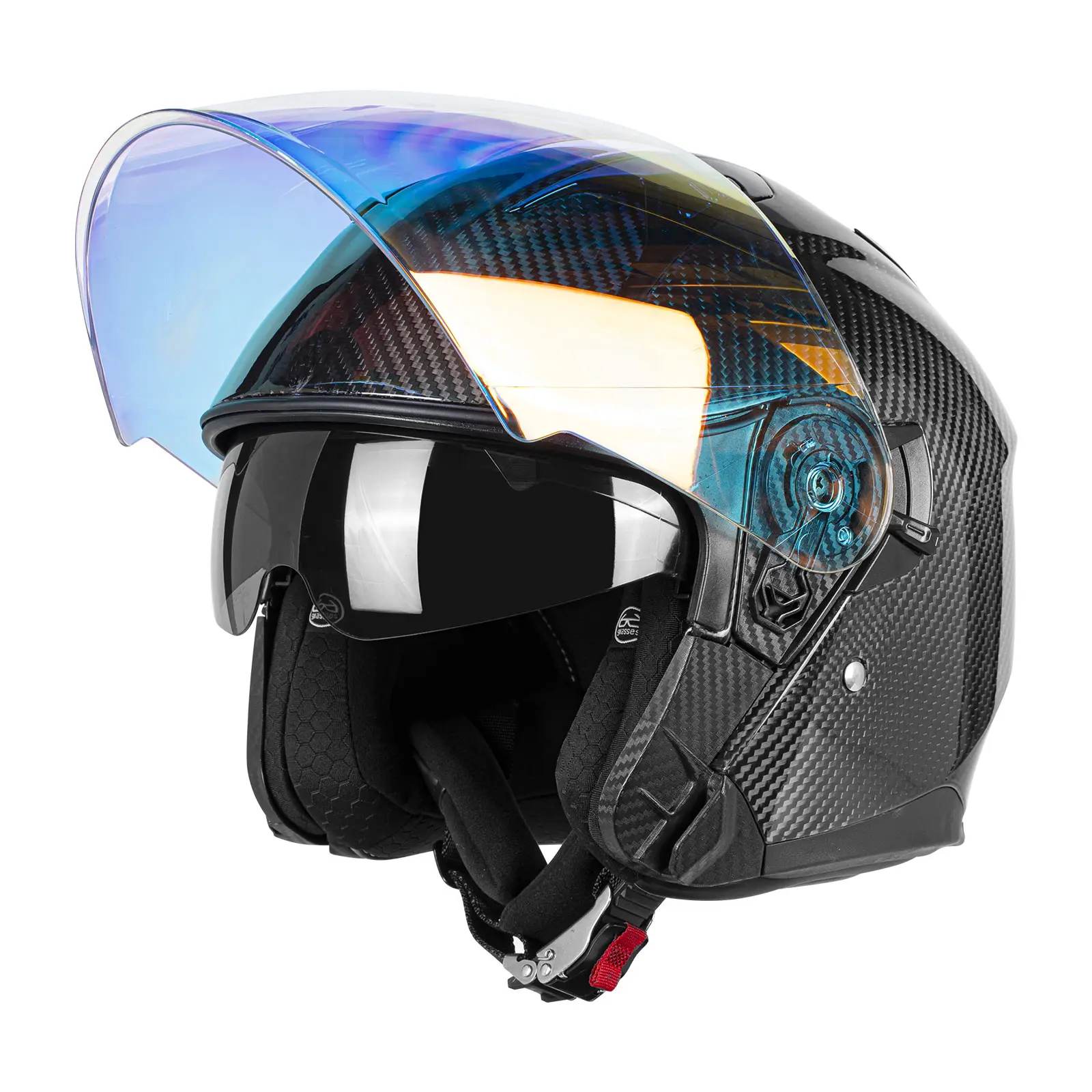 KAESE Carbon Fiber 3/4 Open Face Motorcycle Helmet - DOT Approved, Dual Visors, Quick Release, Advanced Airflow, Airflow Vents, Reinforced Buckle, Removable Washable Liner, Lightweight Touring Lid, Includes Premium Riding Neck Gaiter, 1 X Kaese Carbon Fib