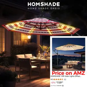 [With Base & Lights] 10ft Solar Lights Offset Cantilever Patio Umbrella, LED Lighted Offset Hanging Patio Outdoor Market Umbrella UPF50+ UV Protection with Easy Tilt and Crank for Pool Deck & Garden
