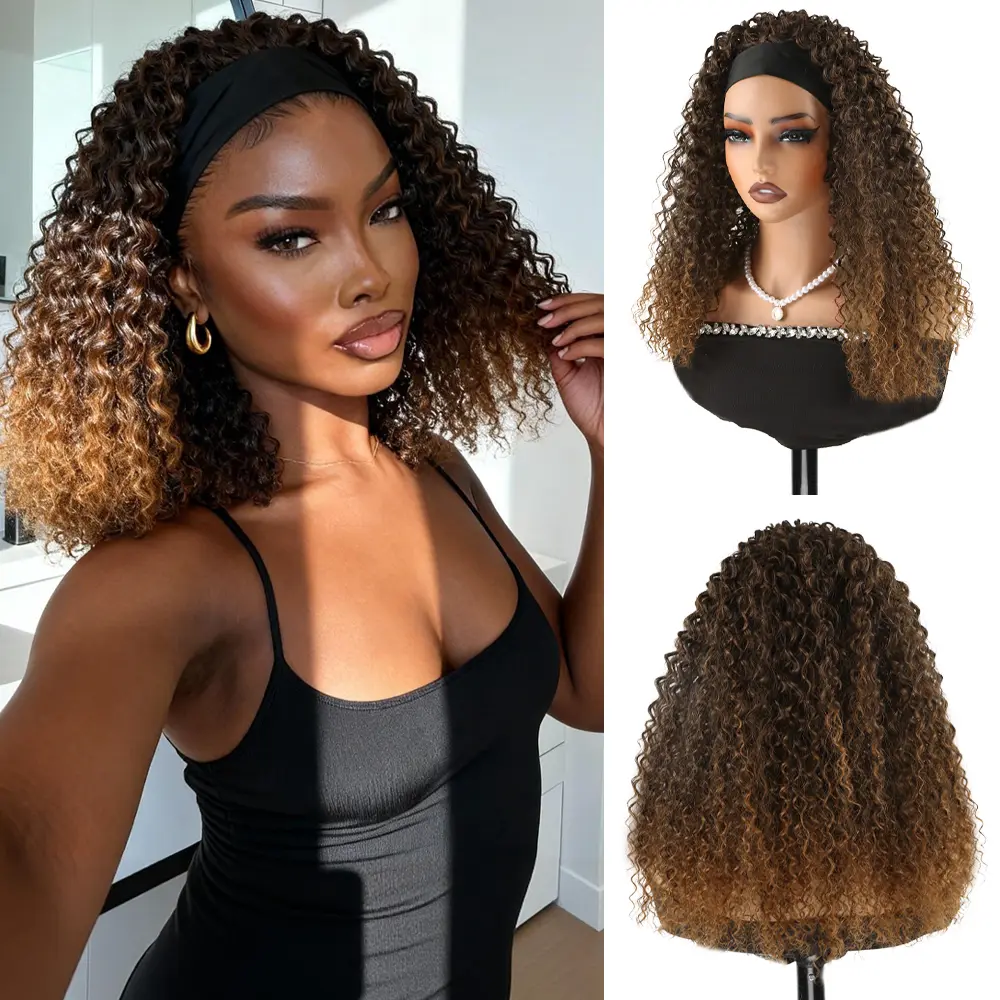 14inch HeadBand Wig Kinky Curly Wig For Women, Deep Wave Headband Wig Glueless Half Wigs Synthetic Hair Curly Headband Wig Ponytail Easy To Wear