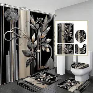 Luxurious Geometric Gold Plant Theme Bathroom Set, High-End Bath Curtain and Mat, Elegant Home Decor, Perfect for Luxury Bathrooms, Shower Curtain Sets