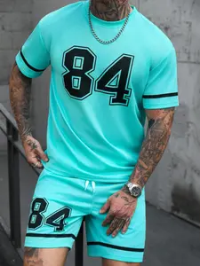 Men's Fashion Round Neck Short Sleeve Shorts Set, 3D Digital Print Number 84, Summer Sports and Daily Wear, Casual Style
