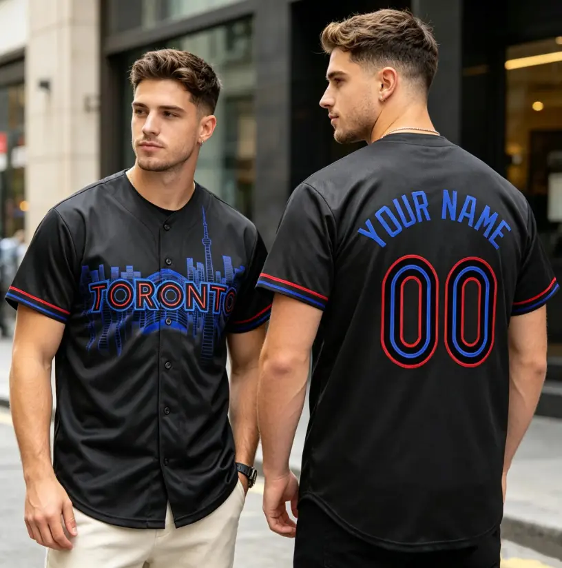 Custom Toronto City Style Baseball Jersey, Personalized Name & Number, Red Blue Trim Cityscape Print Fan Sports Shirt