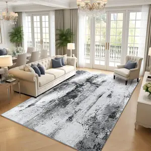 Grey Abstract Modern Machine Washable Area Rug For Living Room, Non Slip Low Pile Large Rug For Bedroom, Farmhouse, Dining Room, 5x8, 7x10, 9x11 Feet