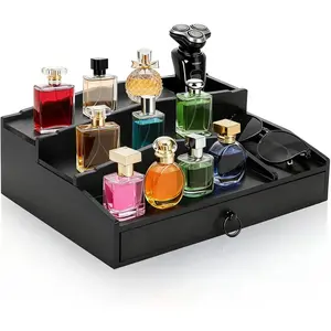 Perfume Organizer, 3 Tier  Perfume Display Stand for Dresser, Black Wooden  Holder Shelf Display Risers with Felt Lining Drawer and  Compartment