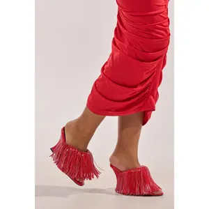 AZALEA WANG VAILYN RED FRINGE PU WEDGE SANDAL