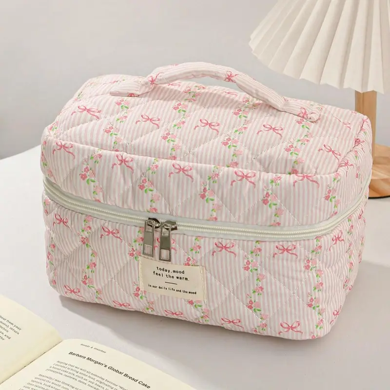 Striped & Floral Pattern Quilted Makeup Bag Set, 1 Set/ Large Capacity Portable Makeup Bag, Travel Essential Makeup Bag, Daily Makeup Bag, Makeup Storage Bag, Beauty Bag, Travel Cosmetic Bags