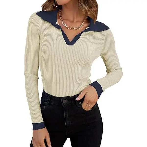 ZESICA Womens Fall Long Sleeve Sweaters Casual Knitted Tops | V Neck,Color Block,Slim Fit Tops,Casual Knitted Sweaters,Cute Tops,Ribbed Knit Tops,Business Casual Tops,Work Office Blouse