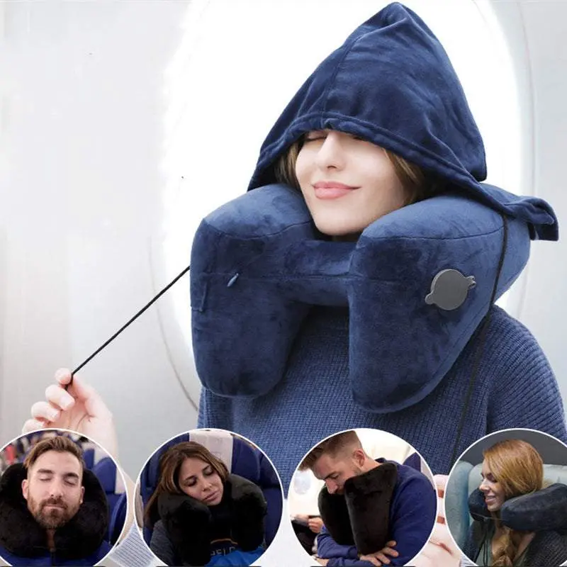 Hooded Travel Neck Pillow H Shaped Inflatable