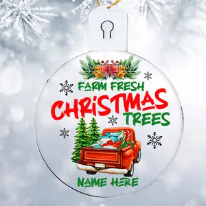 Farm Fresh Christmas Tree Ornament, Red Truck Christmas Personalized Ornament, Custom Xmas Vintage Hanging Decor, Farmhouse Christmas Decoration, Rustic Holiday Ceramic 3" Keepsake Gifts for Family