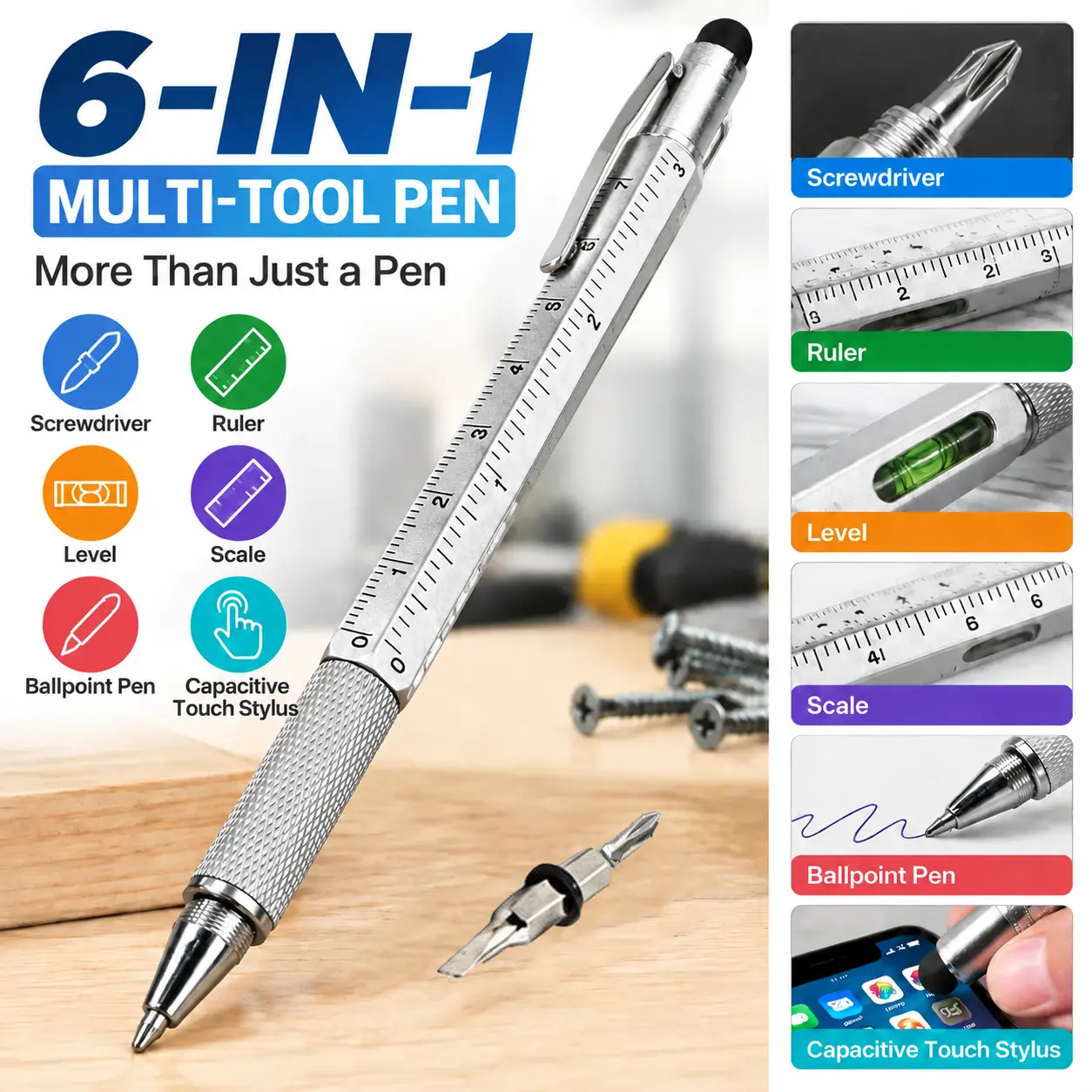 6 in 1 Multi Tool Pen, Multifunctional Tool Pen with Screwdriver, Level, Ruler, Ballpoint Pen & Capacitive Touch Screen Stylus, Handyman Pocket Gadget, Engineer Office School Metal Utility Pen, Great Gift for Men Dad Handyman