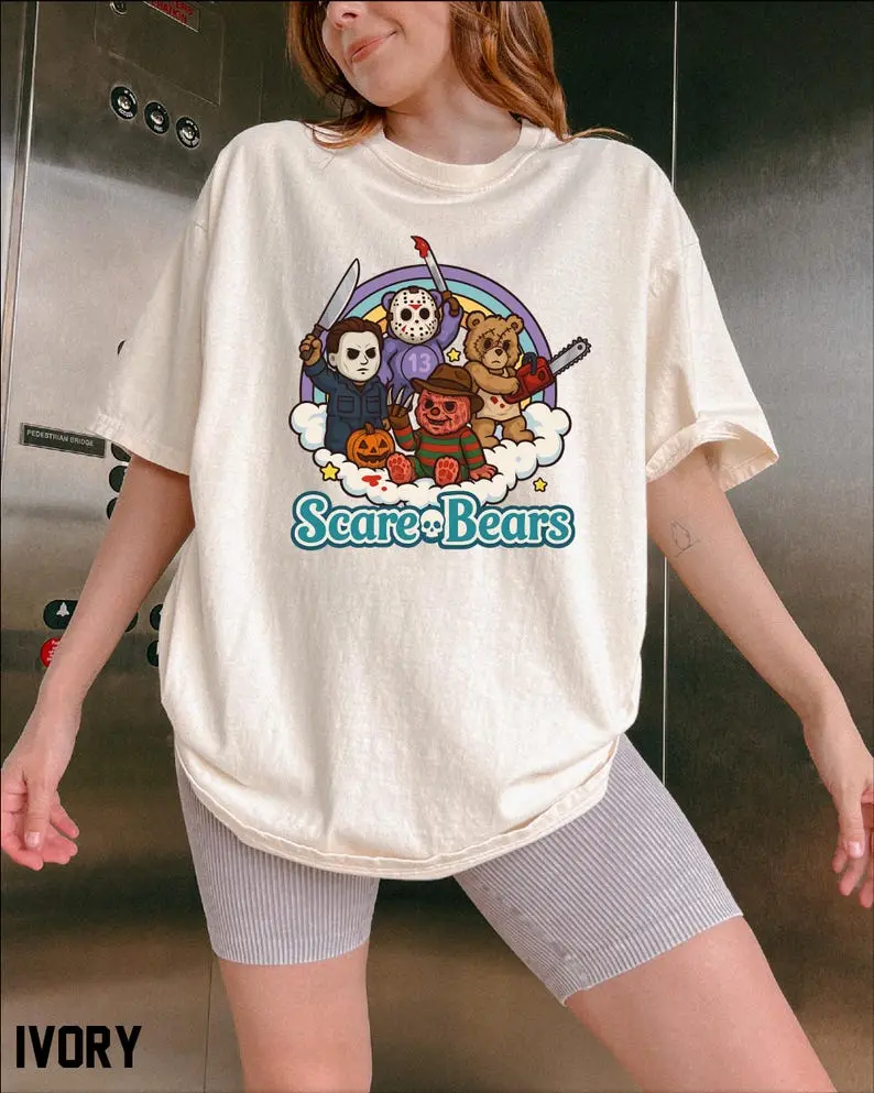 Women's Cotton Casual T-Shirt - Comfort Colors Horror Scare Bears, Vintage Halloween Movie Characters Apparel, Funny Halloween Sweatshirt