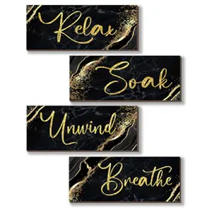 4 Pcs Black and Gold Bathroom Decor Black Gold Wall Decor Relax Soak Unwind Breathe Wooden Rustic Marble Style Bathroom Accessories for Bedroom Living Room Decor Kitchen(10X4)