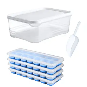 Ice Trays with Lids and Ice Bucket Spoons - Pack of 4 Silicone Ice Trays for Freezer, Stackable Ice Bucket Set with Storage Containers and Spoons for Kitchen, RV, Cocktails, Coffee