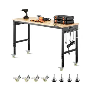 VEVOR 60-Inch Adjustable Workbench, 2000 lbs Load, Work Bench with Power Outlet, Wheels, and Pegboard, Heavy Duty Oak Wood Top Work Table for Garage, Workshop, Office, and Home