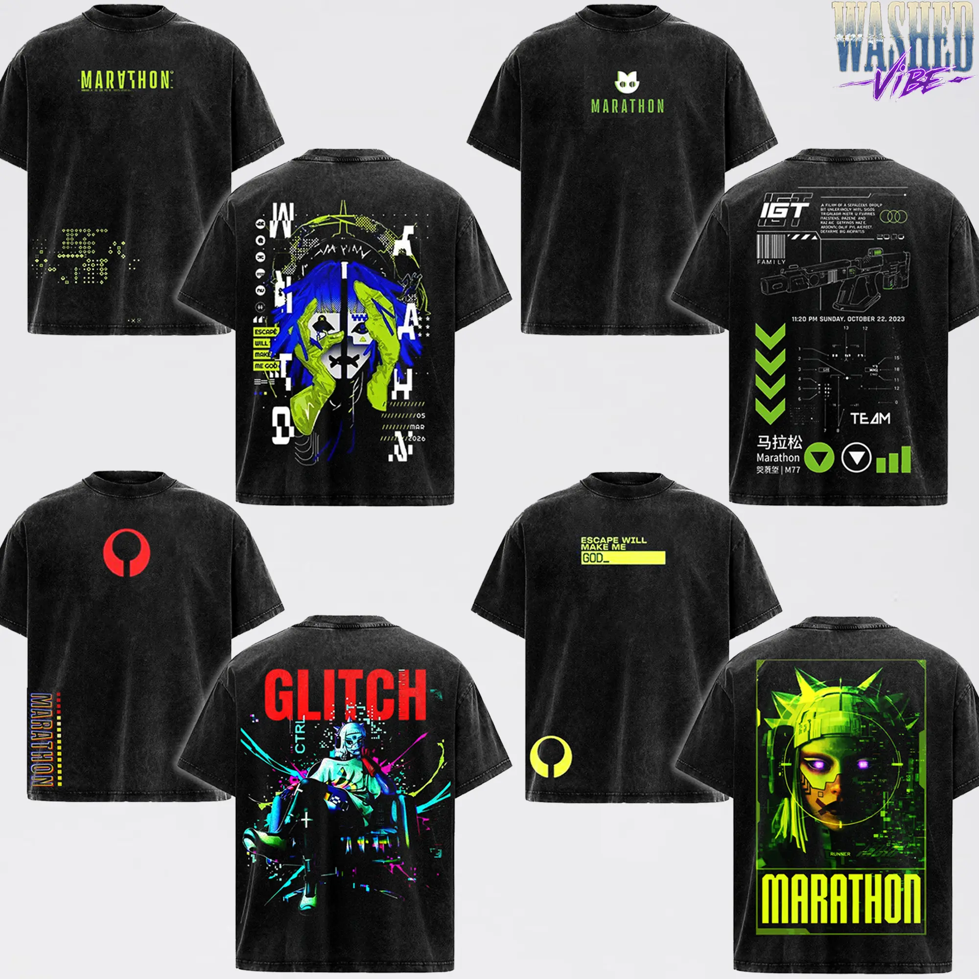 [Collection] 19 Design Marathon Gameplay Lightweight Cotton TSHIRT, Vintage Gaming Tee,  Vintage Washed Oversized T-Shirt Cyberpunk Vandal Recon Thief Glitch Techwear Y2K Merch Tee Gift For Game Fan Clothes
