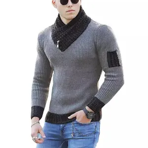 Men's casual slim fit knitted pullover, long sleeved scarf collar sweater