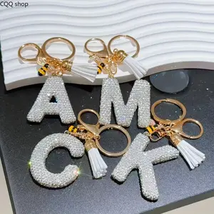Rhinestone A-Z Initial Keychain with Bee Charm & Tassel. Stylish lucky accessory, cute decor for car keys, handbags and backpacks for daily use